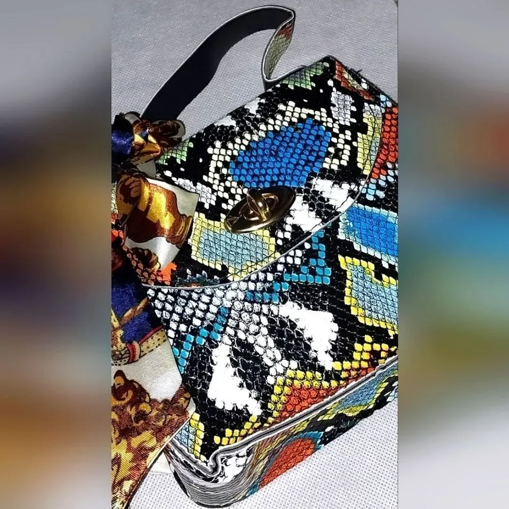 Women's Mini Snakeskin Embossed Handbag, Twilly Scarf Decor Flap Square Purse